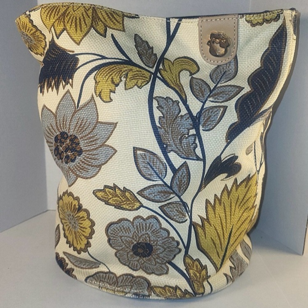Spartina 449 Natural Linen and Genuine Leather Boho Floral Bucket Bag